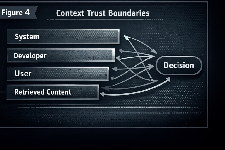 Context trust boundaries diagram showing system, developer, user, and retrieved content all influencing a single decision node