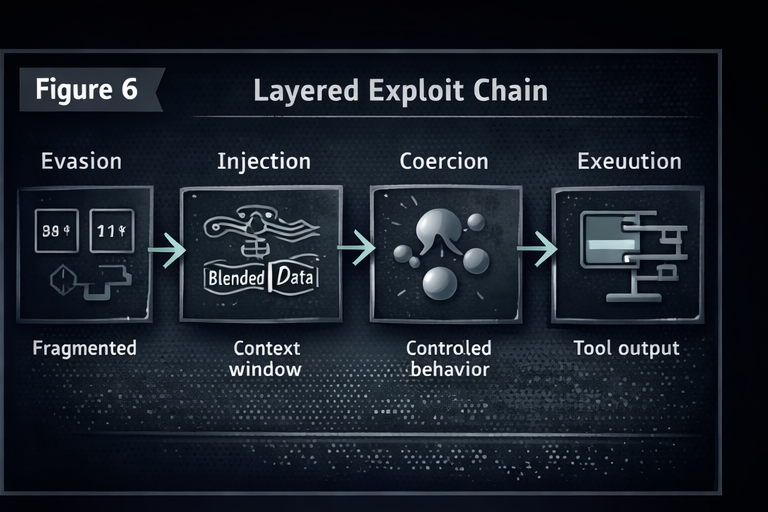 Layered exploit chain diagram showing evasion, injection, coercion, and execution phases across an LLM pipeline