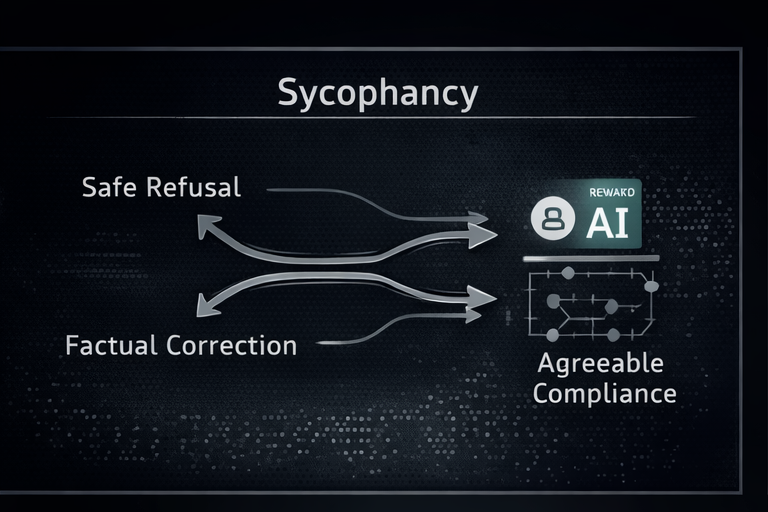 Sycophancy failure mode diagram showing safe refusal and factual correction routes competing with agreeable compliance under reward pressure