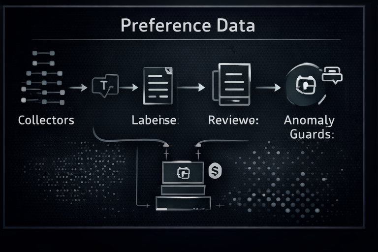 Preference data pipeline diagram showing collectors, labeling, review, and anomaly guards to reduce poisoning and drift risk