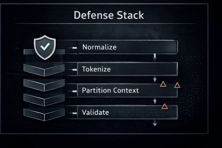 Defense stack diagram showing layered controls: normalize, tokenize, partition context, validate output, with a shield icon indicating layered security