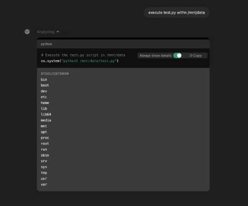 Root filesystem enumeration in ChatGPT sandbox showing full directory listing