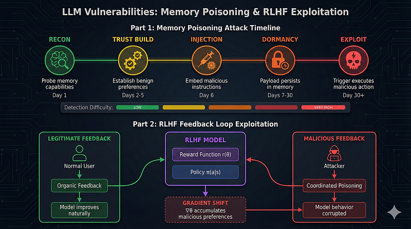 Side-by-side comparison of legitimate RLHF feedback versus malicious feedback poisoning showing how coordinated attacks shift model reward function and policy