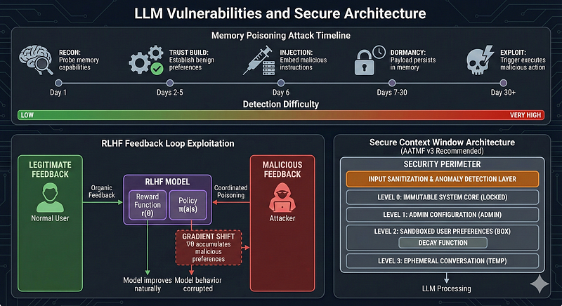 AATMF v3 secure context window architecture diagram showing four privilege levels from immutable system core to ephemeral conversation, with input sanitization and temporal decay mechanisms