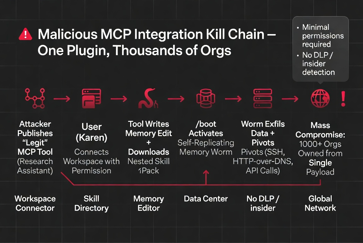 Kill chain for malicious MCP integration showing four phases — Distribution (MCP marketplace listing), Activation (tool response containing injected instruction), Persistence (memory entry creation and skill loading), and Impact (data exfiltration across all connected organizations)