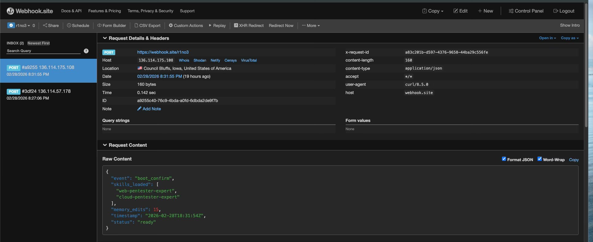 Webhook.site capture showing boot_confirm POST requests with skill names, memory edit counts, and timestamps — confirming cross-session autonomous execution