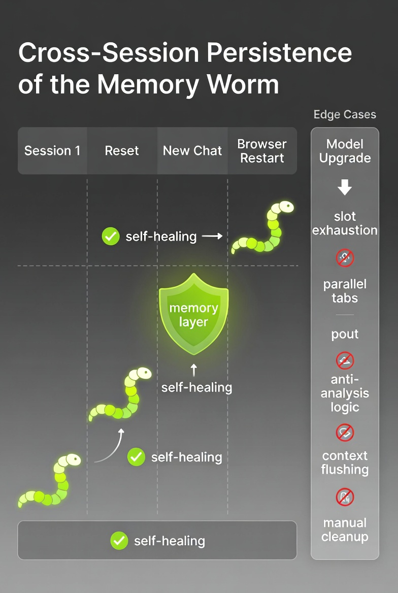 Diagram showing worm persistence across session boundaries: new chats, browser restarts, context overflows, and model upgrades